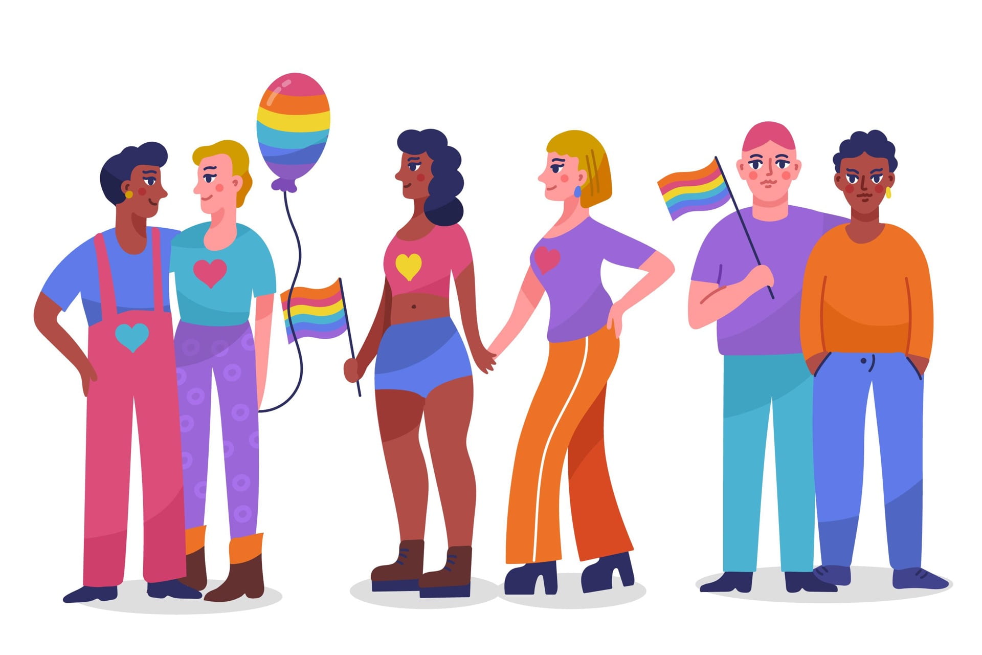 The image is a drawing of multiple individuals with pride flags